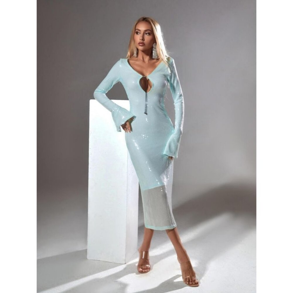 Mew Mews NWT Sian Long Sleeve Sequin Backless Midi Dress In Teal size Small